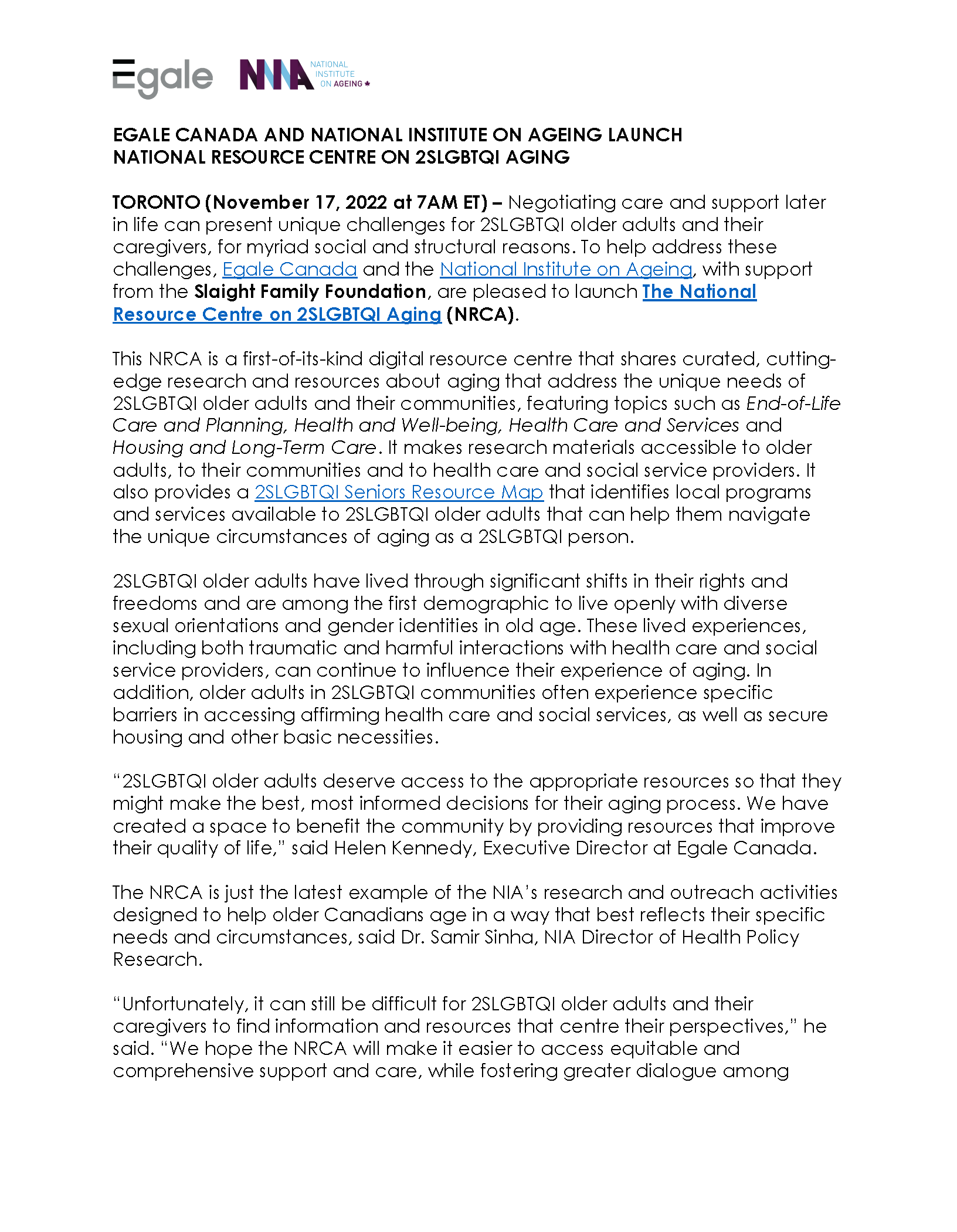 Egale Canada and National Institute on Aging Launch National Resource ...