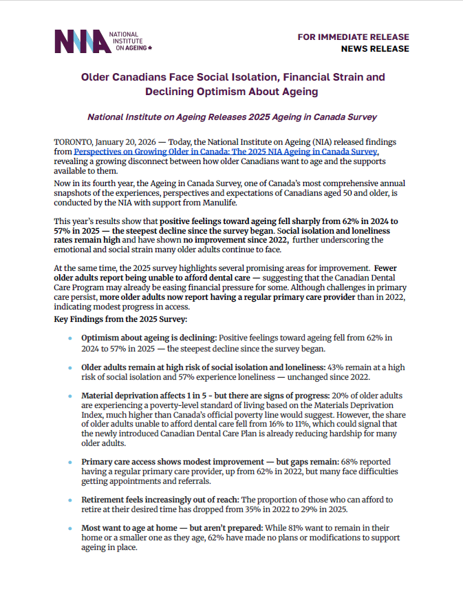 First page of Perspectives on Growing Older in Canada media release