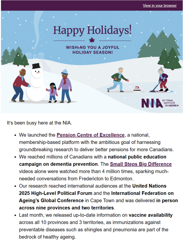 Design of the 2025 NIA year end newsletter. Includes header image of people curling and body text.