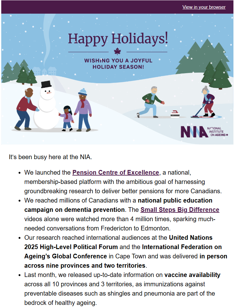 Design of the 2025 NIA year end newsletter. Includes header image of people curling and body text.