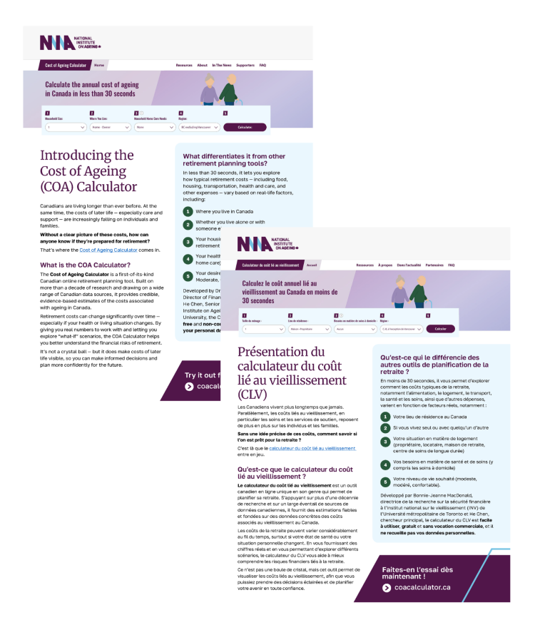 Cost of Ageing Calculator one pager cover images in English (back) and French (front)