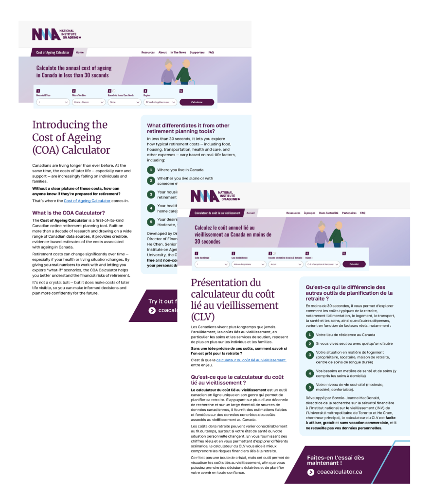 Cost of Ageing Calculator one pager cover images in English (back) and French (front)