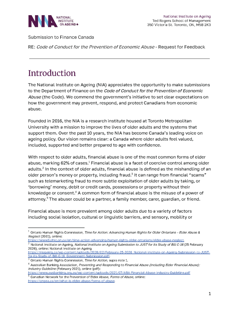 Cover of the government submission document titled, Code of Conduct for the Prevention of Economic Abuse