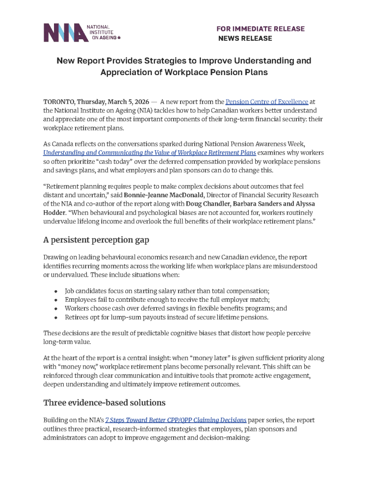 First page of the media release titled, New Report Provides Strategies to Improve Understanding and Appreciation of Workplace Pension Plans