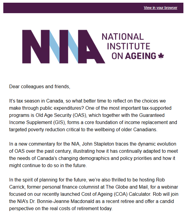 Screen capture of the top of the NIA's March 2026 newsletter.