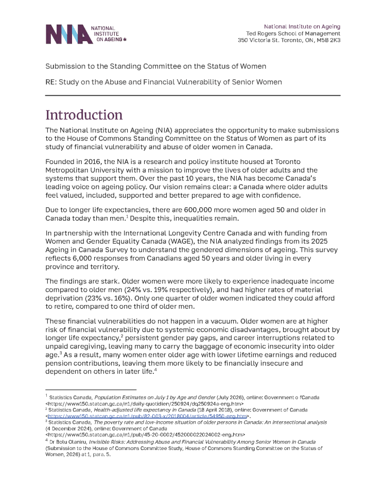 Cover of the April 17, 2026 Submission to the Standing Committee on the Status of Women; RE: Study on the Abuse and Financial Vulnerability of Senior Women
