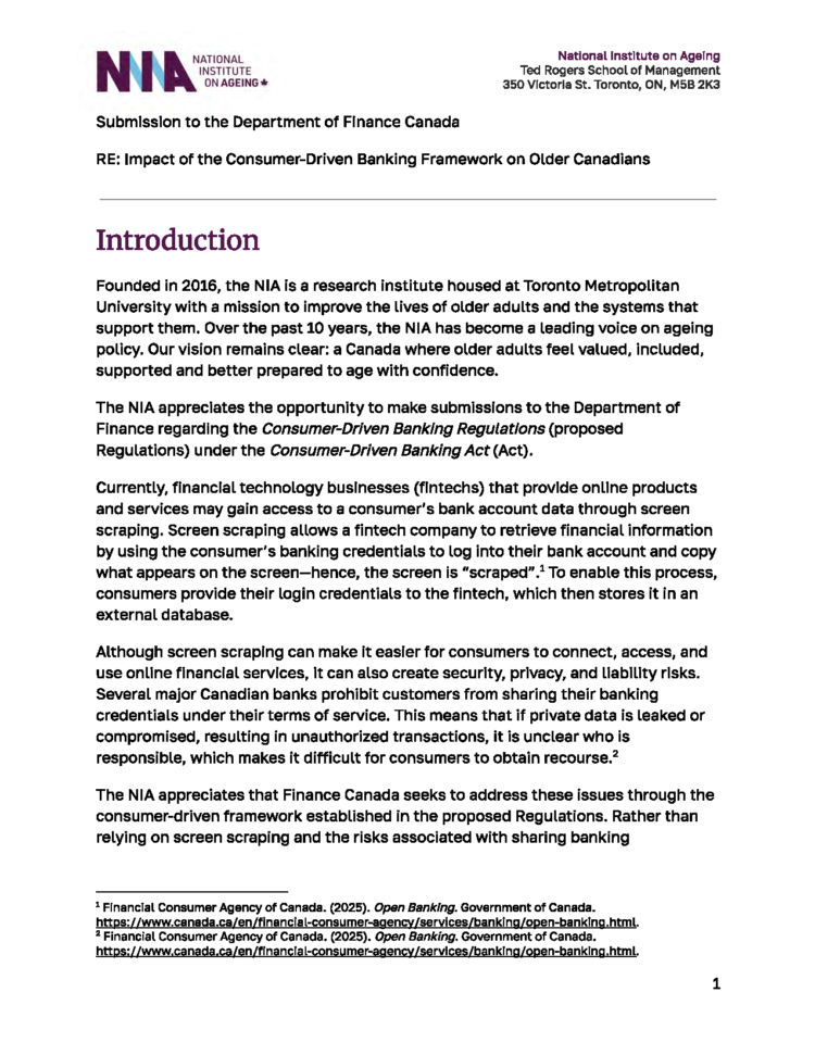 The first page of National Institute on Ageing Submission on the Consumer-Driven Banking Framework